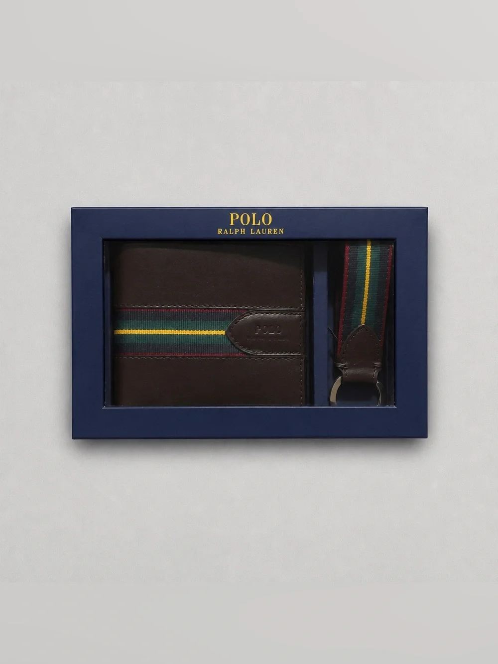 Polo by Ralph Lauren Brown Leather Wallet and Striped Keyring Set